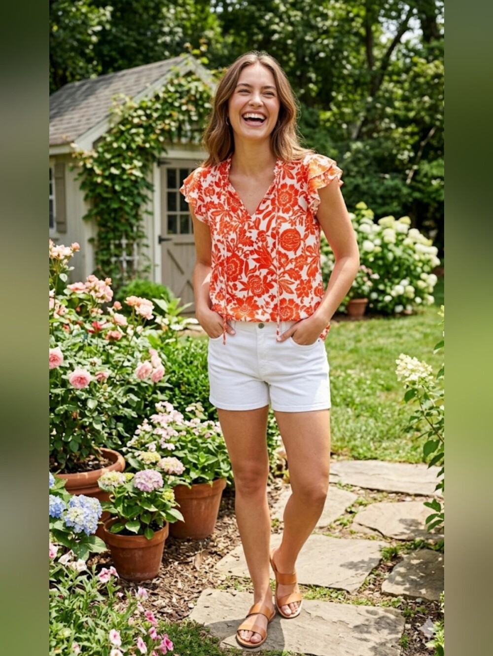 1. State Orange and White Floral Blouse